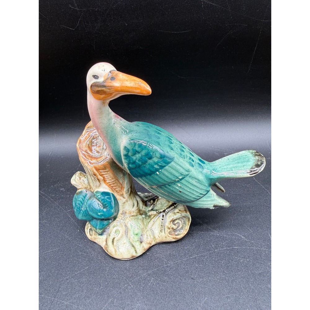 Vintage Ceramic Crane Figurine Sculpture Perched on Tree Branch Blue Pink Orange